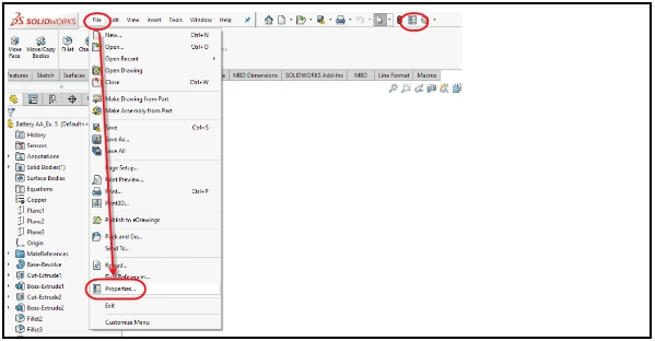 File Properties Menu - SOLIDWORKS