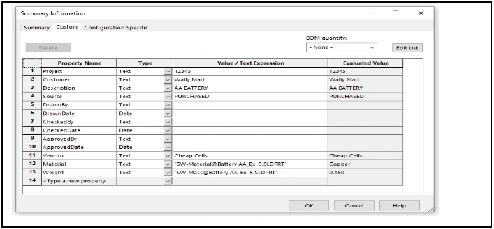 File Properties Menu - SOLIDWORKS