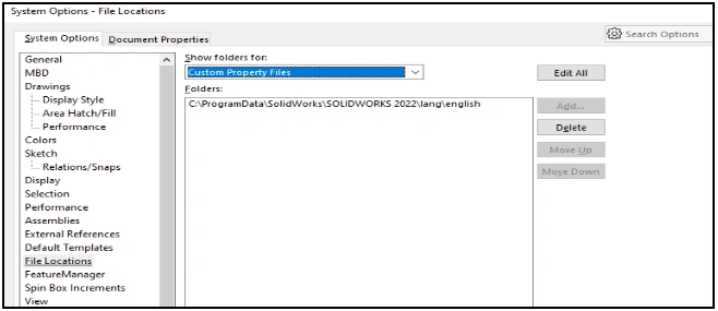 File Properties Menu - SOLIDWORKS